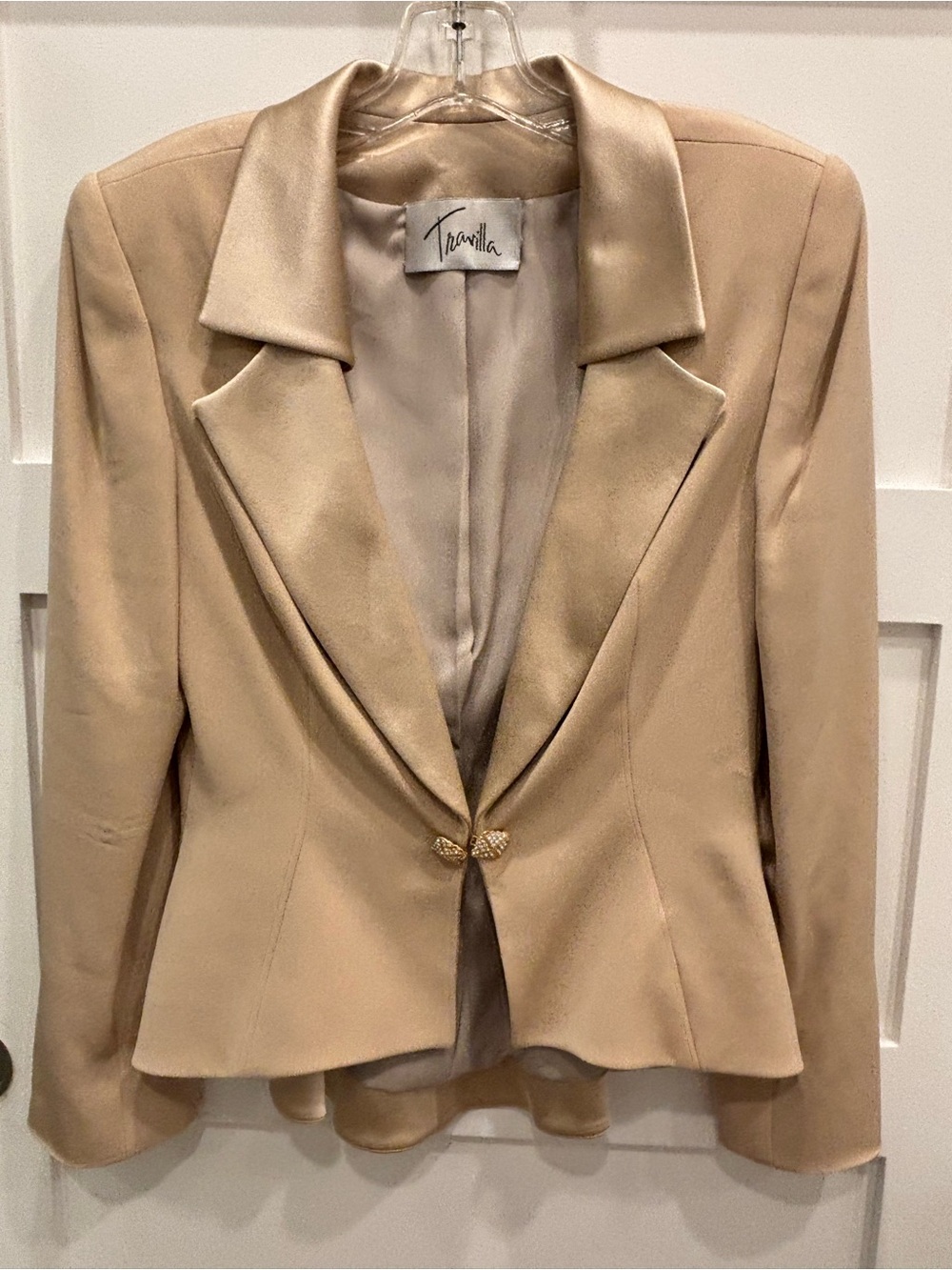 Vintage Travilla Cream Satin-Collar Single-Button Blazer w/ Jeweled Buttons Size